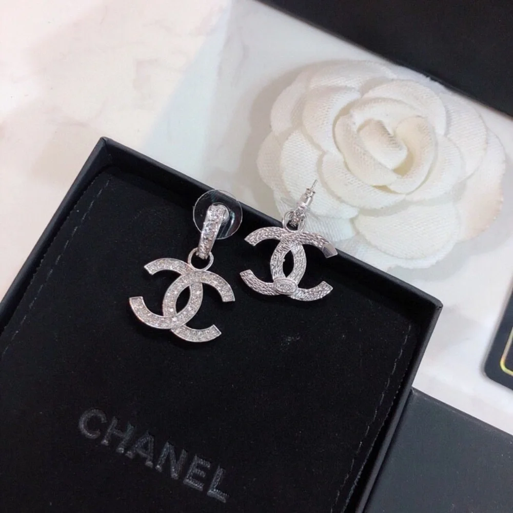 CHANEL Silver Crystal CC Drop Earrings - Picture 2 of 4